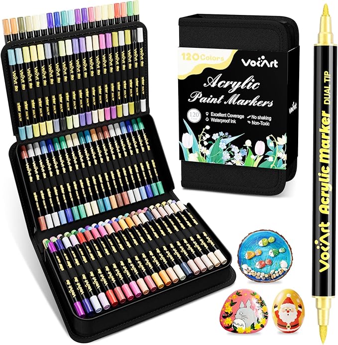 120 Colors Acrylic Paint Markers - Dual Tip Brush & Fine Fabric Paint Pens for Rock, Canvas, Ceramic, Wood, Glass, Textile, Paper - DIY Art Supplies for Artists, Kids, Adults, Holiday Decorations