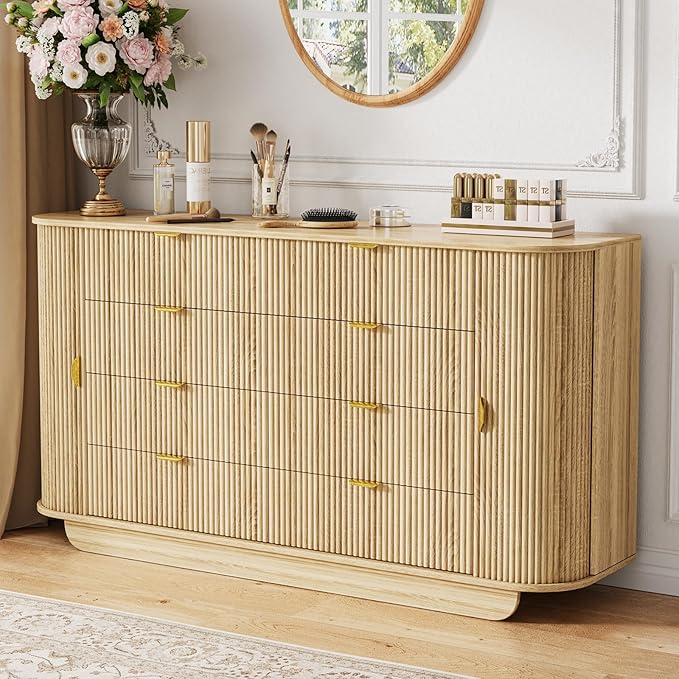 63" Tambour Dresser for Bedroom with 8 Drawers, Modern Chest of Drawers with Sliding Doors & 4 Shelves, Fluted Dresser Storage Organizer for Bedroom, Closet, Living Room(Natural)