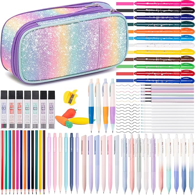 78PCS Aesthetic School Supplies with Cute Pencil Case, Pastel Highlighters Gel Pens Mechanical Pencils Set 0.5 0.7 & 2.0mm, Back to School Supplies Student Stationary Set, Pencil Pouch with Supplies