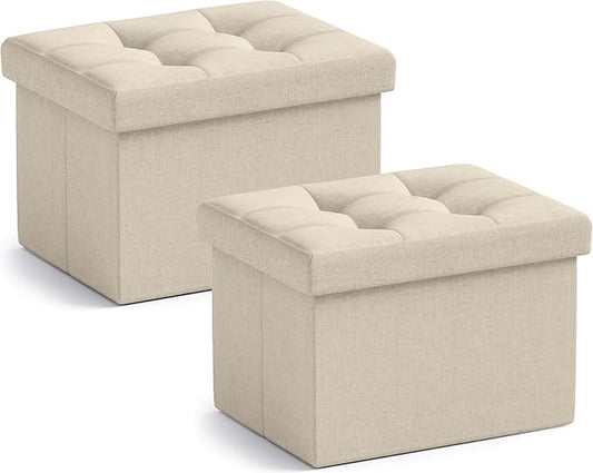 Ornavo Home Small Storage Ottoman, Set of 2, Foldable Collapsible Rectangle Linen Ottoman Foot Rest Stool Seat, for Living Room, Bedroom, Home Office, Dorm - 12 x 16 x 12, Beige