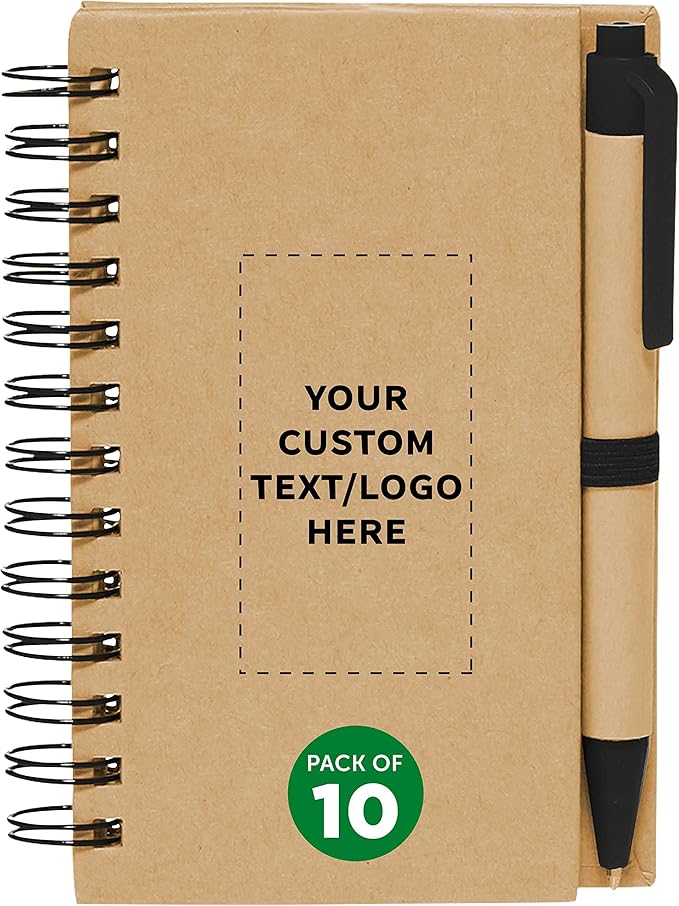 Custom Mini Spiral Notebooks with Black Ink Pens Set of 10, Personalized Bulk Pack - Perfect for School, Office, Business, Home - Black