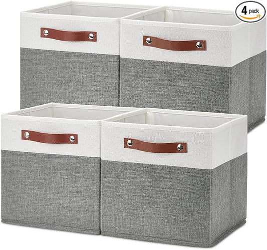 Temary Cube Storage Bins 4 Pack Storage Cubes 11×11 Fabric Storage Bins Foldable Cube Storage Baskets with Handles, Collapsible Storage Basket for Shelf (White & Grey, 11 x 11 x 11)