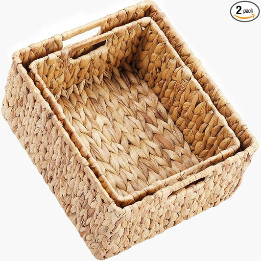 HOONEX Water Hyacinth Storage Baskets, Wicker Baskets for Organizing, Hand Woven Baskets with Carry Handles, Set of 2, Natural