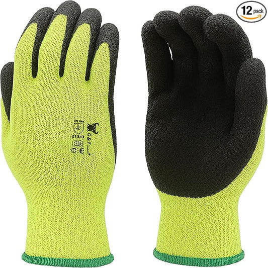 G & F 1516 12 Pairs Pack Premium High Visibility Low emissions Green Work and gardening Gloves for Men and Women.MicroFoam Textured Coated Palm and Fingers Gloves for Gardening Work,Size Medium,Green
