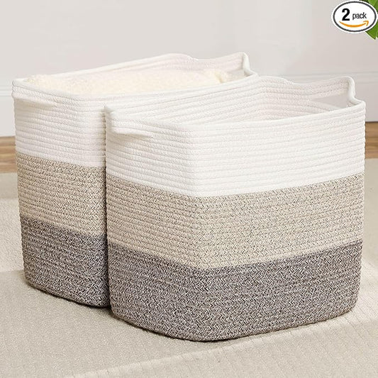 Tall Storage Bins for Clothes Fabric Cotton Rope Storage Baskets with Handles, Decorative Woven Basket for Living Room,Closet Organizer Blankets, and 2bags (Gradient Brown, L16×W11.4×H15.9)