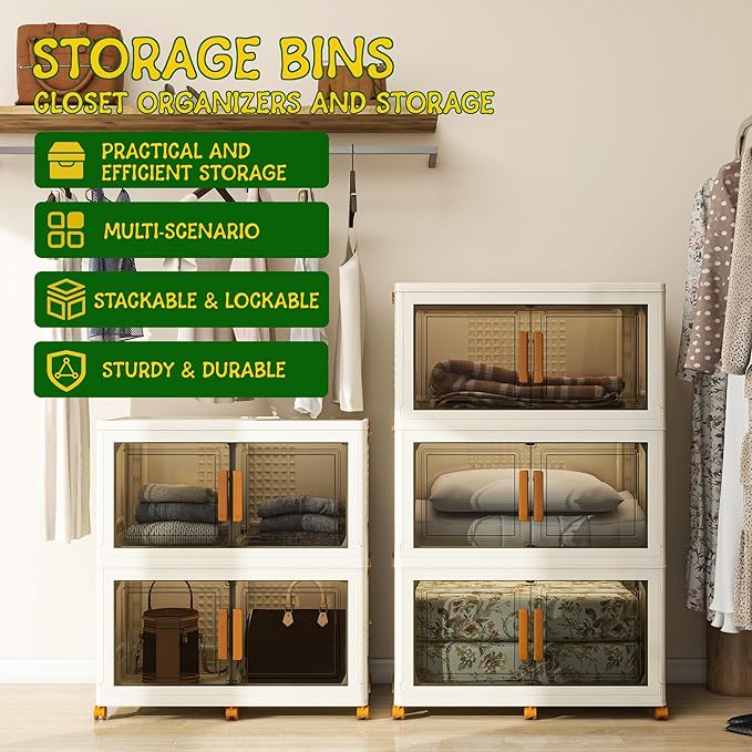 2 Tier Extra Large Stackable Storage Bins with 1 Lid 205 QT/Tier, Collapsible Plastic Box Storage with Wheels, Home Containers Boxes Closet Organizers for Living Room, Office, Dorm