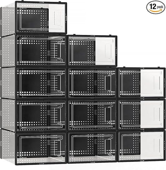 Secret Space 12 Pack XXX Large Shoe Organizer Storage Boxes for Closet, Modular Space Saving Shoe Boxes Clear Plastic Stackable Sneaker Containers Display Case with Lids, Black05