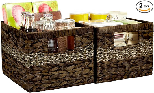 Water Hyacinth Wicker Basket, Decorative Woven Baskets with Built-in Handles, Hand-woven Storage Organizer for Organizing Pantry, Livingroom, Bedroom, Shelves, Toilet(2-PACK, Brown)
