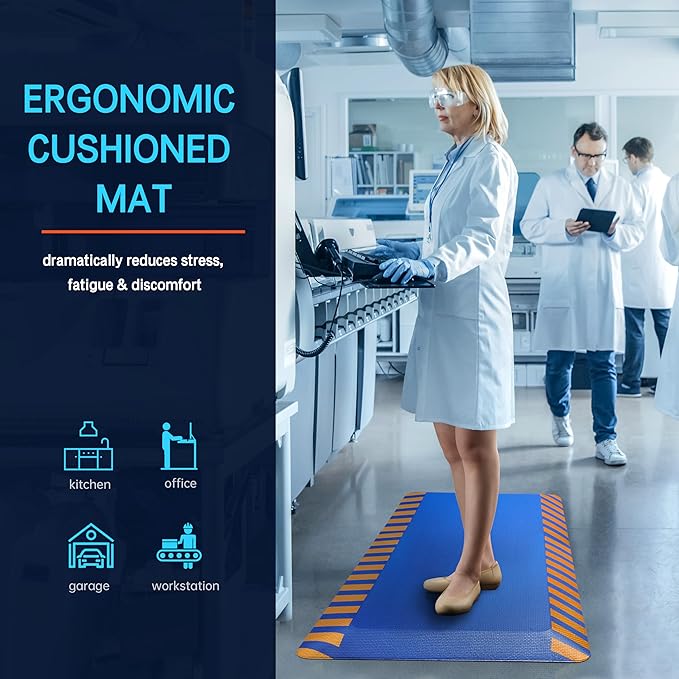 FEATOL Anti Fatigue Mat Industrial, Ergonomic Standing Floor Mat for Work for Stand, Blue with Yellow Border Safety 20" x 59"-Support for Leg & Back Pain