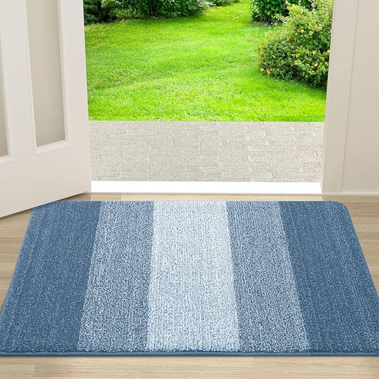Kitinjoy Indoor Outdoor Door Mat, 30x17 Non-Slip Absorbent Dirt Trapper, Low-Profile Washable Inside Entrance Front Floor Mat, Sturdy Soft Entry Doormats for Entryway, Light Blue