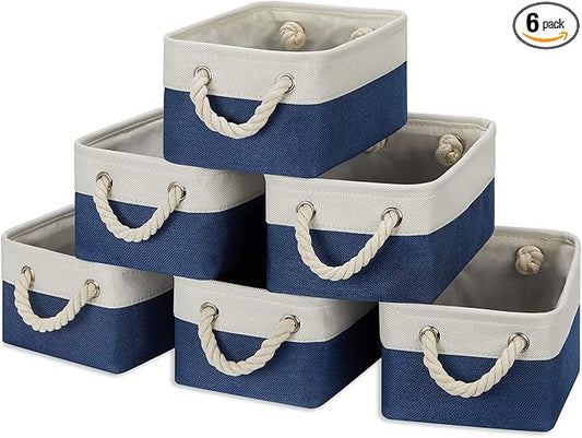 Temary Small Storage Baskets for Shelves, 6 Pcs Empty Gift Baskets for Organizing Clothes, Books, Fabric Storage Bins with Rope Handles (White&Blue,11.8 L x 7.9 W x 5.3 H inches)