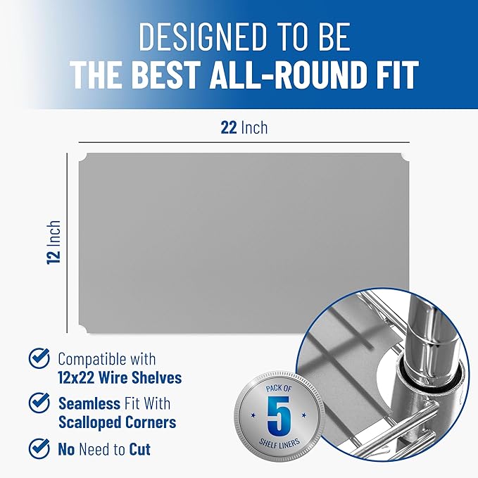 Shelf Liners for Wire Shelf System: Set of 5 in Graphite: 12 x 22 inch: Plastic Wire Shelving Shelf Mats