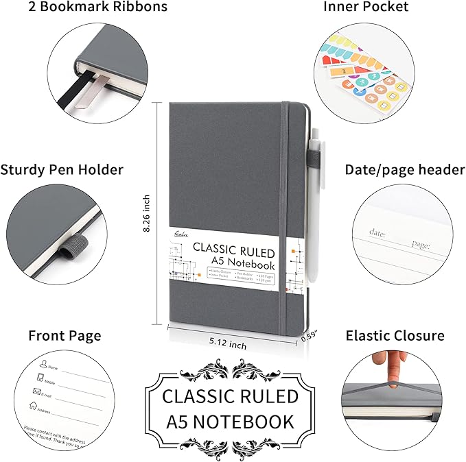 feela 8 Pack Journal Notebook Bulk for School, Hardcover Business Notebooks Classic Ruled Lined Journals with Pen Holder for Work Note Taking, with 8 Black Pens, 120 GSM, 5.1”x8.3”, A5, Gray