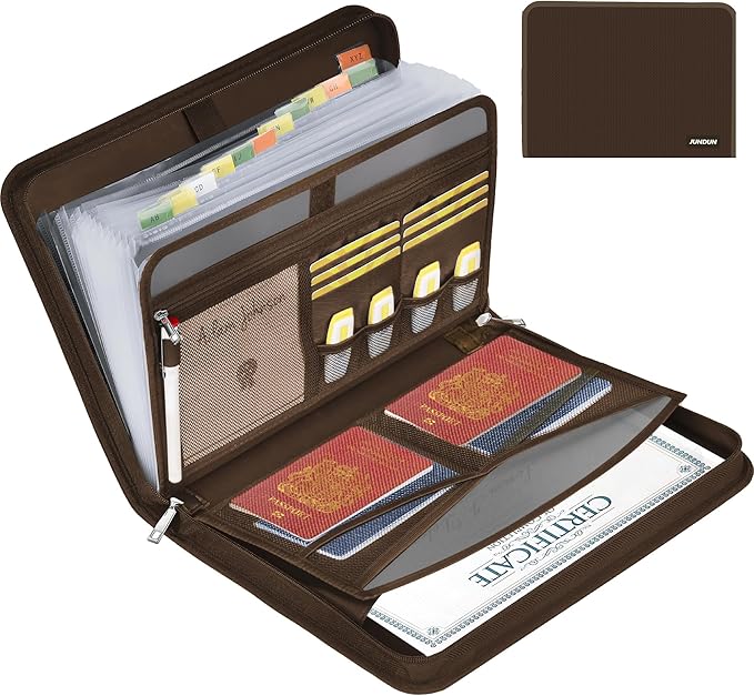 JUNDUN Accordion File Organizer - Fireproof Folder with Zipper & Labels - 12 Pocket Expanding File Folder with Multi-Pockets Paper Folder for Letter A4 Files | Receipt and More (Brown)
