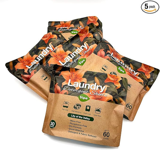 Pack of 5 SIPA Laundry Detergent Sheets Bag - 30 Sheets, Up to 60 Loads, Lily of the Valley Scent, Phosphorus-Free, High Efficiency, (30 Count (Pack of 5))