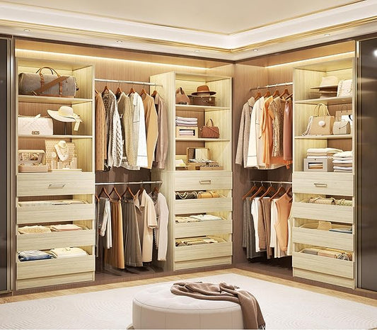 Aheaplus Closet System with 12 Drawers, 8.5-11.5Ft Wood Closet Organizer System with 4 Hanging Rods & 3 Towers, 4Ft & 6Ft L-Shaped Walk-in Closets Wardrobe Organizer Clothes Rack, Set of 3, White Oak