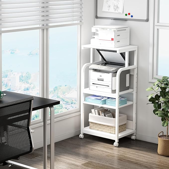 4 Tier White Printer Stand Table with Adjustable Shelves, Movable Printer Shredder Stand with Wheels for Home Office Storage and Organization, Rolling Cart for Computer Tower CPU