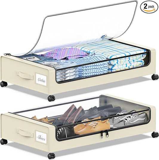 Under Bed Storage with Wheels, Under the Bed Storage Containers with Clear Lids & Label, Underbed Storage Bins, XXL 60L Rolling Metal Drawer for Clothes, Shoes, Toys, Books (Beige)