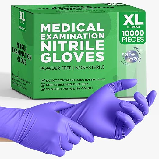 SafeWay Nitrile Disposable Gloves — Multi-Purpose Powder-Free, Non-Latex, Medical Use, and Textured Fingertips for Food Prep, Cleaning, Tattoo, Nursing, Lab, Examination, & More — (10000pcs, X-Large)
