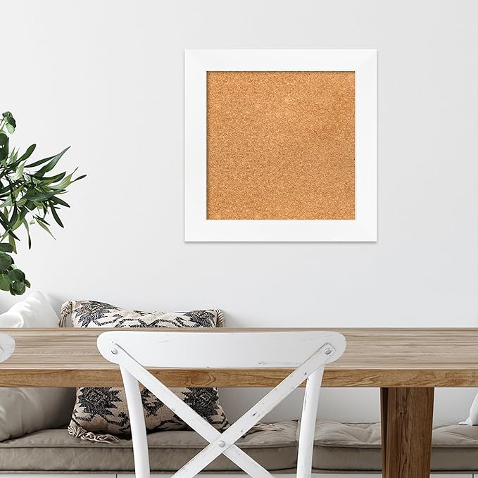 Amanti Art Natural Cork Board for Wall, 17x17 Vision Board with White Frame, Small Corkboard Office Decor for Home Organization, Modern Corkboard Pinboard to Display Items for Home Organization in
