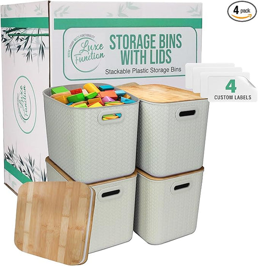 Storage Bins with Bamboo Lid – Stackable, Multi-Purpose Organizers for Pantry, Closet, Kitchen, and Home – Elegant Wicker-Style Design with Ergonomic Handles (Cream)