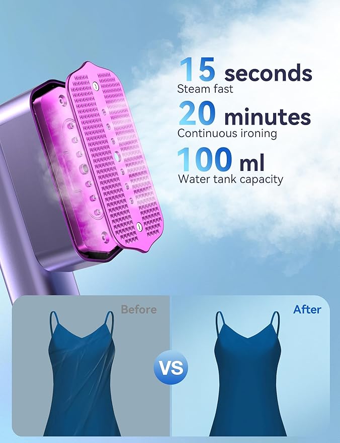 Steamer for Clothes,Sundu Portable 2-in-1 Steamer & Iron,15s Heat-up,100ml Tank,Ironing Gloves,20 Min Steam,Wrinkle Remover,Garment Steamer for Travel & Home(Dreamy Purple)