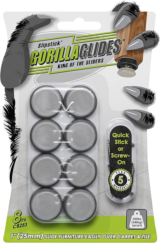 GorillaGlides CB253 1 Inch Chair Sliders/Furniture Glide Floor Protectors (Set of 8 Glides) Self-Adhesive Screw-On Glides, for Sliding on Hard Surface Floors and Low-Pile Carpet, Round