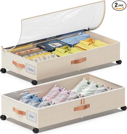 Under Bed Storage with Wheels, 2-Pack Under Bed Storage Containers with Clear Lids, XXL 65L Under the bed storage Organizer Bins, Rolling Under Bed Metal Drawer for Clothes,Shoes,Toys (White, 2-Pack)