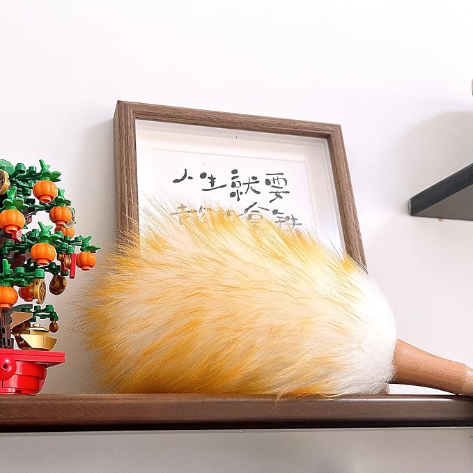 Feather Duster, Lambswool Duster for Cleaning,with Solid Wooden Handle,Leather Hang Strap,Anti-Static 14.9 inch Washable Reusable Small Hand Duster(Natural) for Office, Home and Car