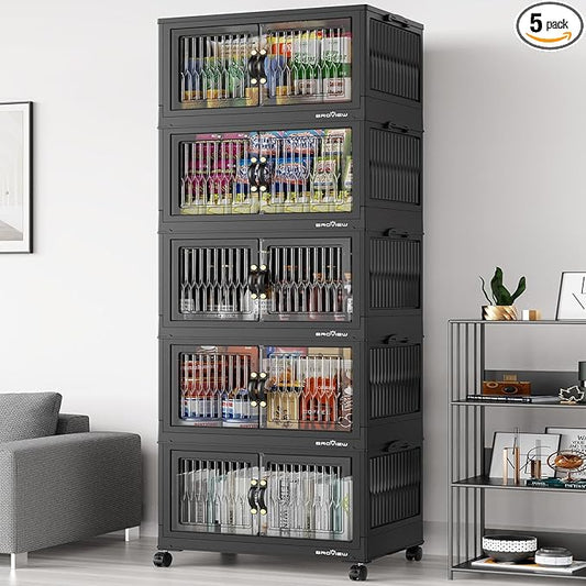 BROVIEW 400Qt Stackable Storage Bins with Lid, Extra Large Closet Organizer Collapsible Drawer Boxes with Wheels, Folding Plastic Cabinet Containers for Home Kitchen Room Organization, 5Pack Black