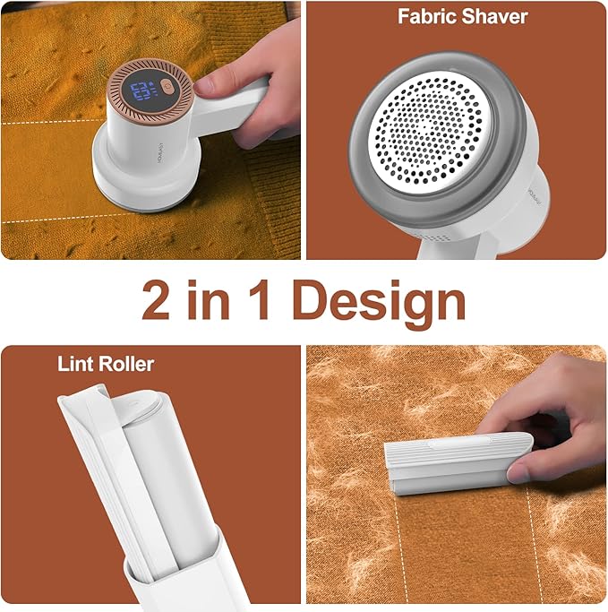 Fabric Shaver Fuzz Remover Rechargeable, HOMEASY Electric Lint Remover Shaver with 3 Blades & LED Digital Display, Sweater Couch Fabric Pill Shaver for Sweater, Couch, Furniture (White)