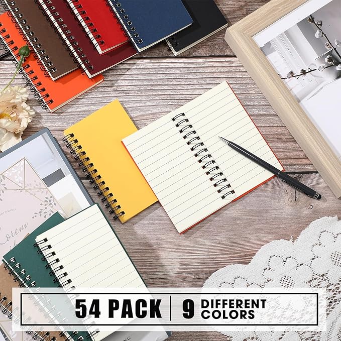 Jutom 54 Pcs Spiral Memo Pads 5 x 3'' Small Pocket Spiral Journal Notepad Ruled Notebook Sketchbook Kraft Cover Notebooks, 120 Pages for Note Taking Business Office School (Multi Color)