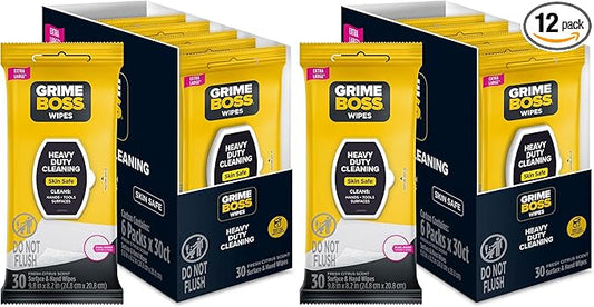 Grime Boss Heavy Duty Wipes (6 x 30ct) | Wet Wipes Used for Hands, Equipment, Tools, Garden, Automotive| Easily Removes Oil, Grease, & Dirt (Pack of 12)