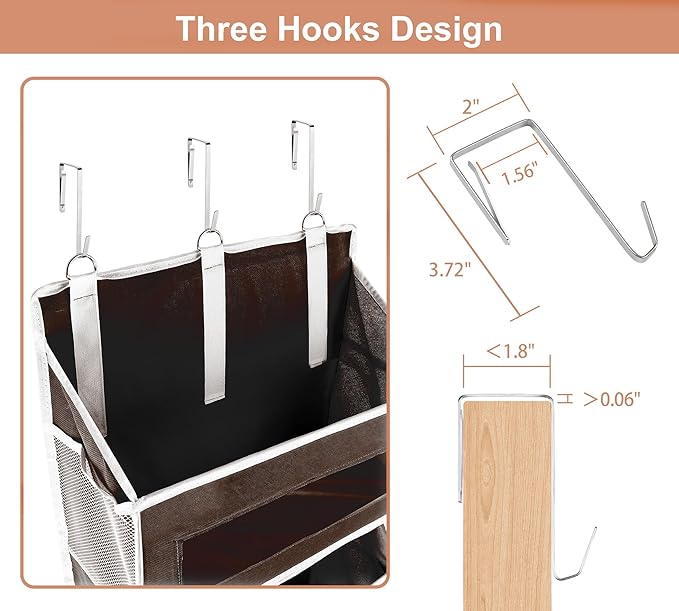 5-Tier Over The Door Storage Organizer with 10 Side Mesh Pockets, 48 lbs Load Capacity, 3 Hooks Design, Door Hanging Organizer with Clear Windows for Bathroom, Bedroom, Nursery, Kitchen-Brown