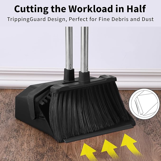 Commercial Broom and Dustpan Set, 3-Pack Broom with Dustpan Combo Set, Industrial Brooms and Dustpans Sets 51 inch Long Handle, Large Brooms and Dust Pan for Hall Lobby Office Garage - Black