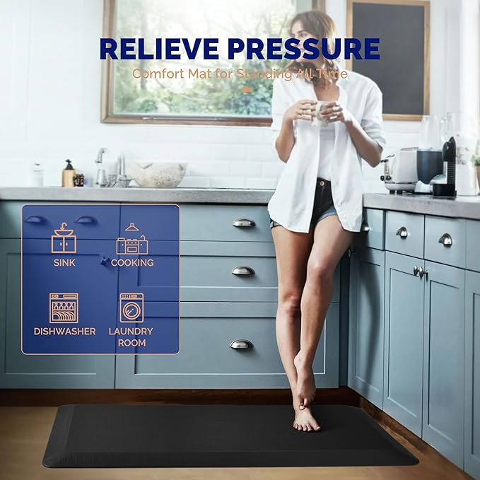 FEATOL 2 Packs Anti Fatigue Mat for Kitchen Floor Thick Cushioned Standing Desk Mat, Ergonomic Kitchen Mats Set of 2, Memory Foam Comfort Floor Mat Padded Foam Rugs, Non-Slip (20" x 39", Black)