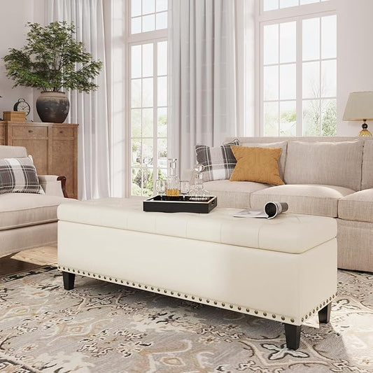 Storage Ottoman Bench, 51-Inch Large Storage Bench for Bedroom End of Bed, 30 Gallons Faux Leather Bench for Bedroom, Living Room, Entryway, Hallway, Cream White