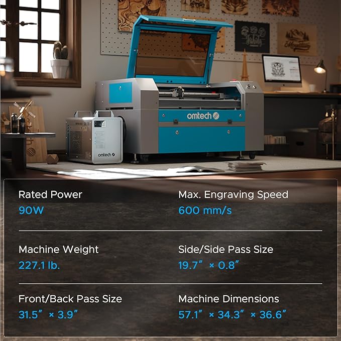 OMTech 90W CO2 Laser Engraver, 28"x20" Cutting & Engraving Machine with Air Assist, 4-Way Pass, Caster Wheels, RDWorks, for Wood, Glass, Acrylic, Leather, Cardboard