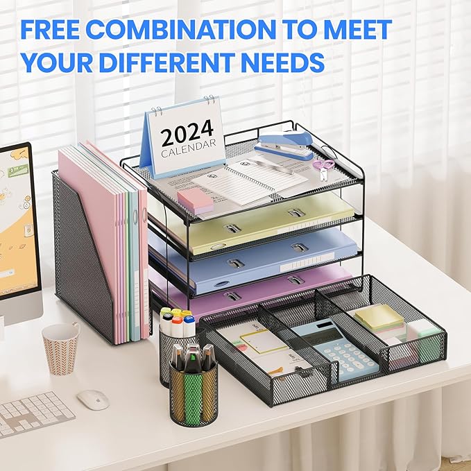 Desk Organizer and Accessories, 4-Tier Desktop File Organizer with Drawer and 2 Pen Holders, Office Desk Accessories for Office Supplies(Black)