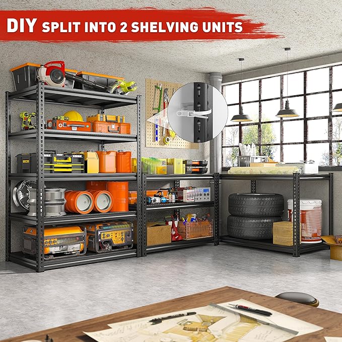 REIBII 72" H Garage Shelving Load 2500 LBS, Heavy Duty Storage Shelves, 5-Tier Adjustable Garage Shelves for Warehouse, Basement, 72" H x36 W x18 D, Black