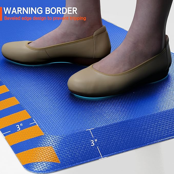 FEATOL Anti Fatigue Mat Industrial, Ergonomic Standing Floor Mat for Work for Stand, Blue with Yellow Border Safety 20" x 59"-Support for Leg & Back Pain