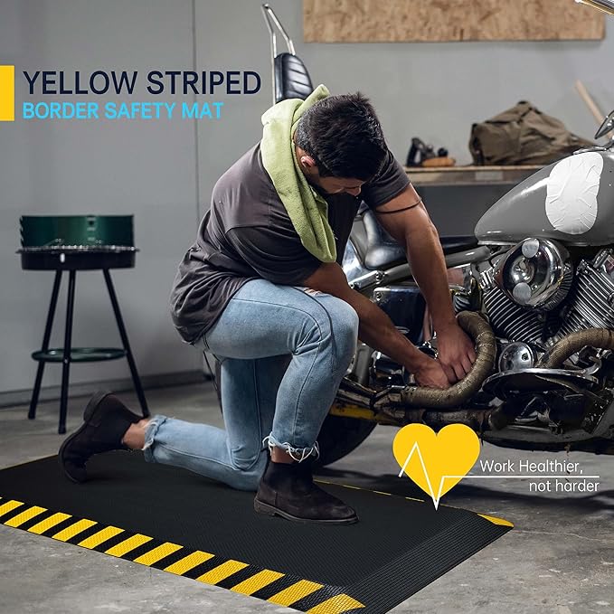 FEATOL Anti Fatigue Mats Industrial 8 Packs, Ergonomic Standing Floor Mat for Work for Stand, Black with Yellow Border Safety 20" x 32"-Support for Leg & Back Pain
