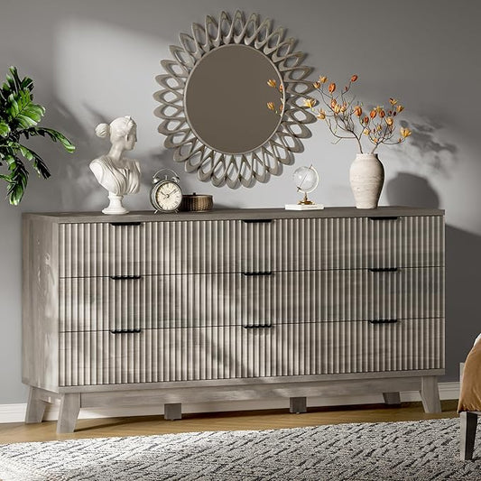 Fluted Dresser with 9 Drawers, 63" Wide Modern Chest of Drawers with Metal Handle, Wooden Dresser TV Stand, Wood Closet Clothes Storage Organizer for Bedroom, Living Room, Hallway, Light Grey