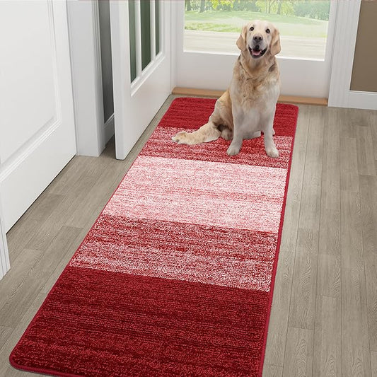 Kitinjoy Indoor Outdoor Door Mat, 48x30 Non-Slip Absorbent Dirt Trapper, Low-Profile Washable Inside Entrance Front Floor Mat, Sturdy Soft Entry Doormats for Entryway, Burgundy