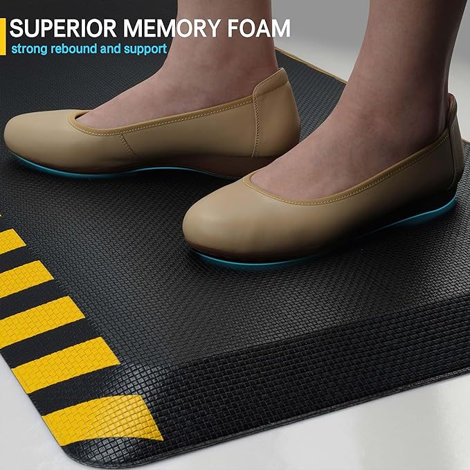 FEATOL Anti Fatigue Mats Industrial 3 Packs, Ergonomic Standing Floor Mat for Work for Stand, Black with Yellow Border Safety 20" x 32"-Support for Leg & Back Pain