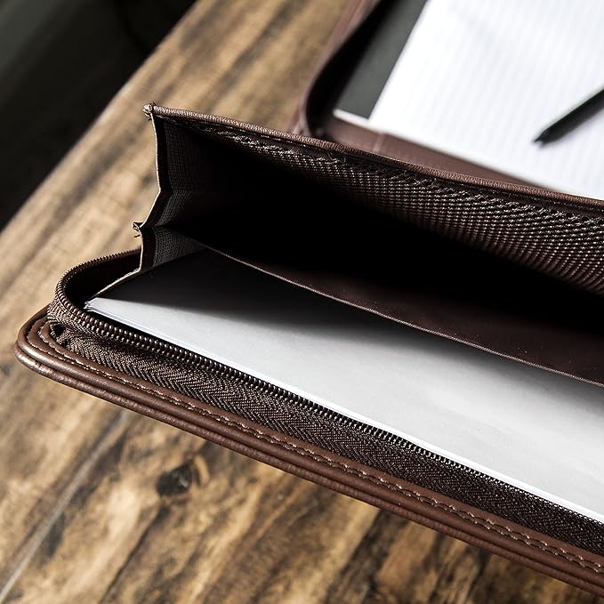 Cossini Premium Business Portfolio with Zipper – Padfolio - Superior Business Impressions Begin with PU Vegan Leather, 10.1 Inch Tablet Sleeve, Smart Storage, Solar Calculator, Writing Pad -Brown