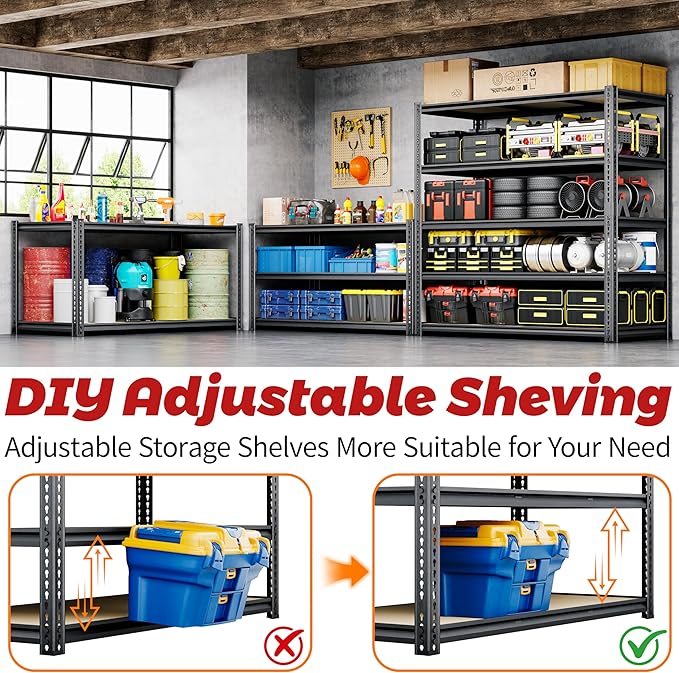 48"W Garage Shelving, 3050LBS Storage Shelves Heavy Duty, 5 Tier Metal Shelving Unit Adjustable Garage Shelves Heavy Duty Shelving for Warehouse,Commercial, Kitchen, 48" W × 24" D × 72" H, Black