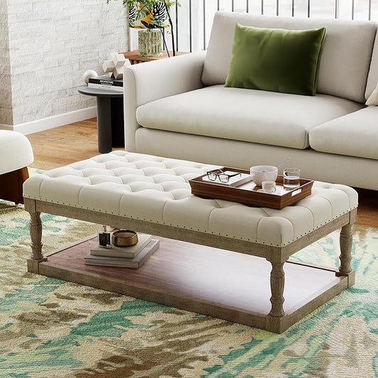48" Large Ottoman with Storage Coffee Table, Upholstered Tufted Linen Ottoman Bench with Solid Wood Shelf for Living Room, Bedroom, Holds 250lbs (Ivory)