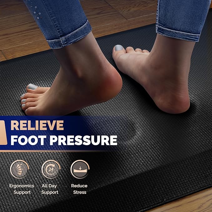 FEATOL Anti Fatigue Mat for Kitchen Floor – 9/10 Extra Thick Standing Cushioned Desk Mat Memory Foam, Ergonomic Floor Padded Comfort at Home, Kitchen, Office, Garage – NOT PVC (17" x 24", Black)