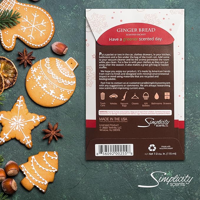 Simplicity Scents Gingerbread Scented Sachets Pack of 6, Fall & Winter - Long-Lasting Scented Bags, Home Fragrance, Air Freshener & Deodorizer for Closet, Room, Drawer, or Cars, Made in USA
